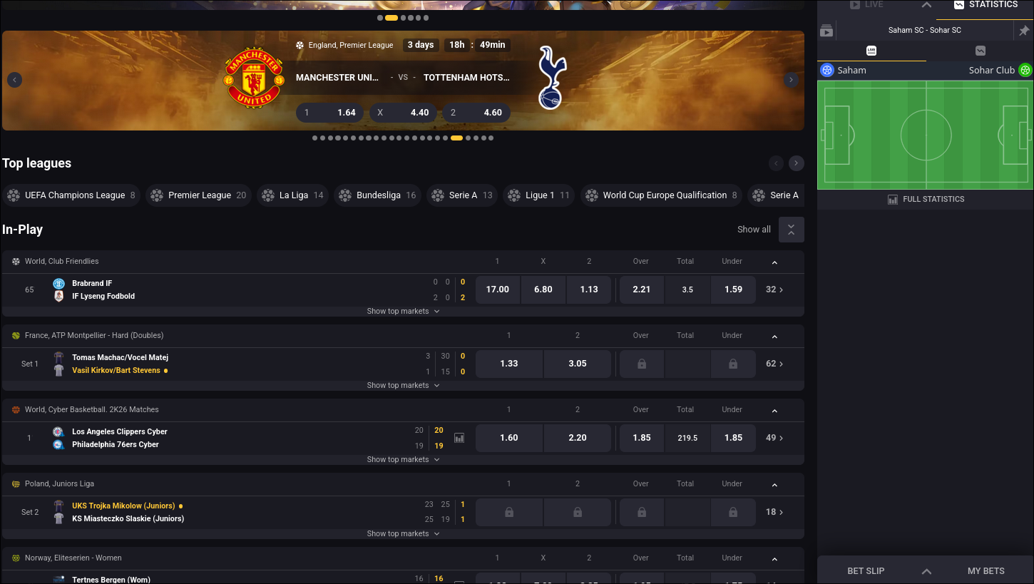 Amonbet Sports Betting Interface - Football, Basketball, Tennis Markets